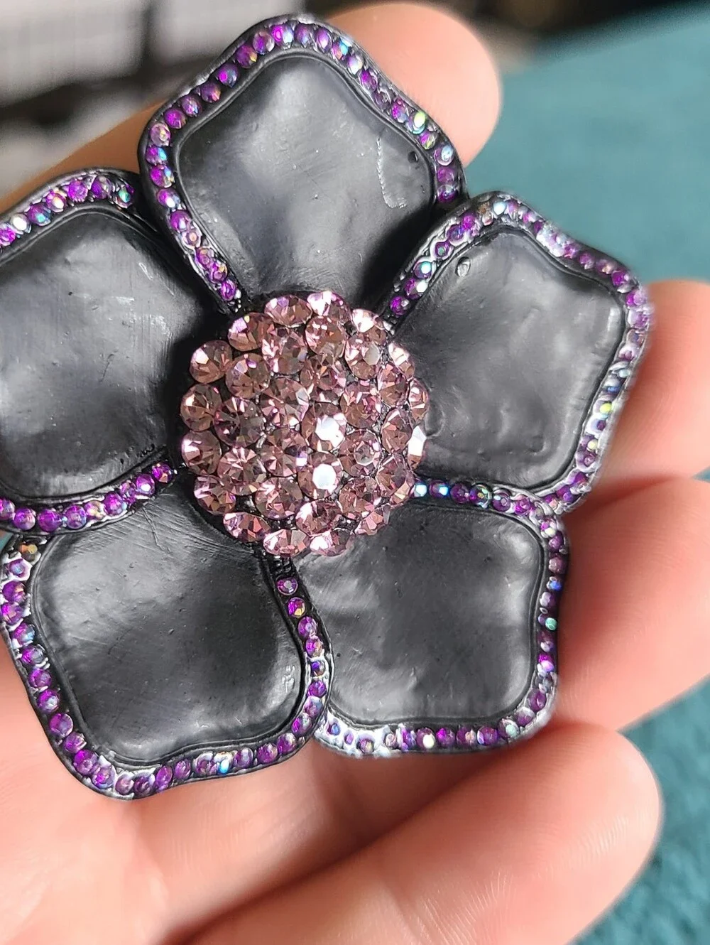 Black Flower Brooch with Purple Crystal Trim and Pink Center - Women's Jewelry